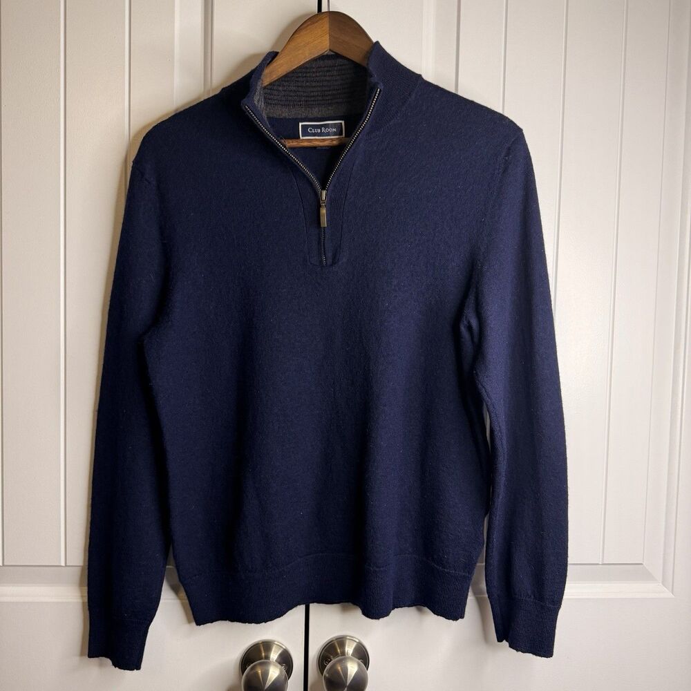 Club Room Mens L Merino Wool Blend 1/4 Zip Sweater Navy Blue Pullover.